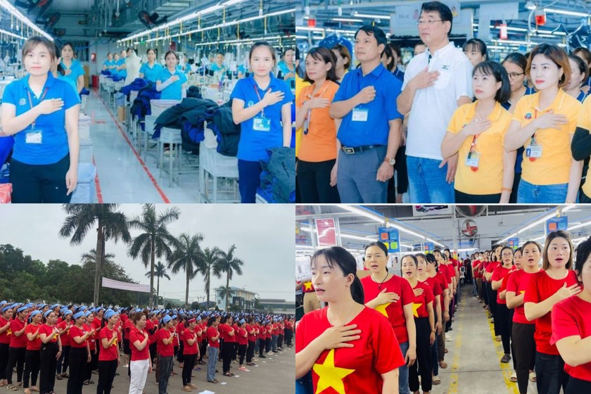 Hàng vạn công nhân tại tỉnh Nghệ An thực hiện nghi thức chào cờ và hát Quốc ca vào sáng thứ Hai hàng tuần trong “Tháng Công nhân” năm 2024. (Ảnh: baonghean.vn) 