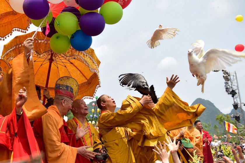 Lễ thả bồ câu trong đại lễ Phật đản Liên hợp quốc (Vesak 2019) tại Tam Chúc (Kim Bảng, Hà Nam).