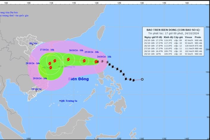 Hướng đi của bão TRAMI - Ảnh: Trung tâm Dự báo khí tượng thủy văn Quốc gia cập nhật lúc 17h ngày 24/10.