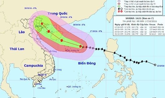 Đường đi và vị trí cơn bão sáng nay, 17/10.