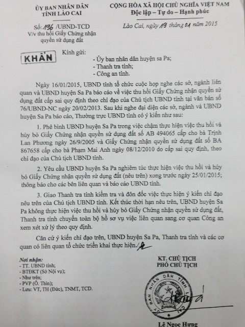 Văn bản chỉ đạo khẩn của UBND tỉnh Lào Cai.