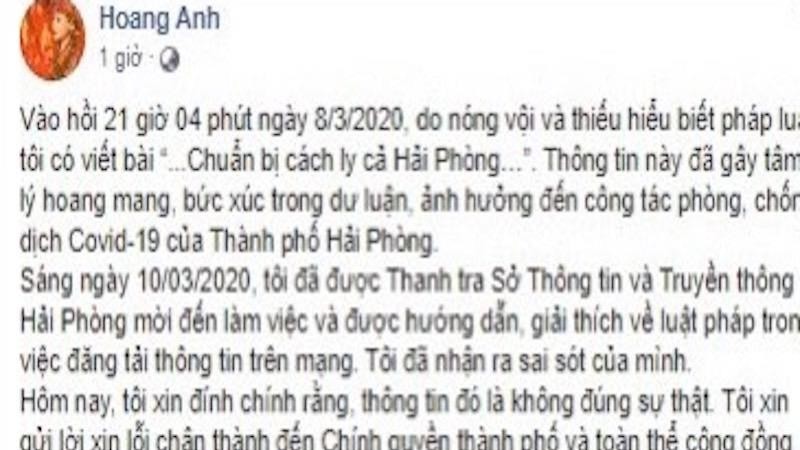 Chủ tài khoản đính chính thông tin trên mạng xã hội