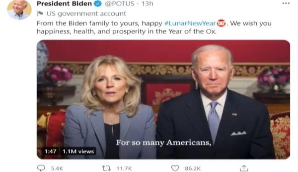 Vợ chồng Tổng thống Mỹ Joe Biden chúc Tết Nguyên đán trong video đăng trên Twitter - Video: Tài khoản @POTUS