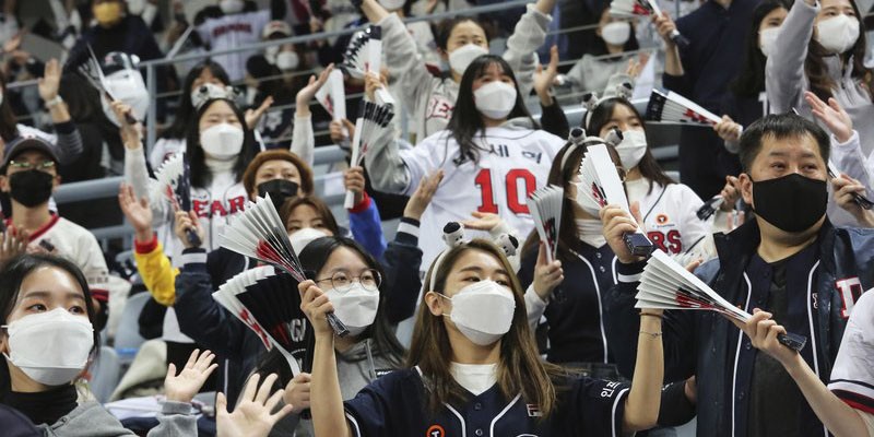Người hâm mộ đeo khẩu trang, cổ vũ trong  vòng đấu vô địch của Hiệp hội Bóng chày Hàn Quốc, ngày 21/11/2010. Ảnh: AP.