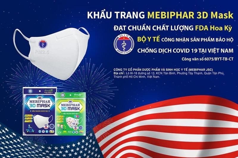 Khẩu trang MEBIPHAR 3D MASK đạt chất lượng FDA - Hoa Kỳ và được Bộ Y tế công nhận là sản phẩm bảo hộ chống dịch Covid-19 tại Việt Nam