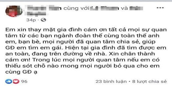 Hình ảnh chị cô giáo C thông báo đã tìm được nữ giáo viên. Ảnh chụp màn hình