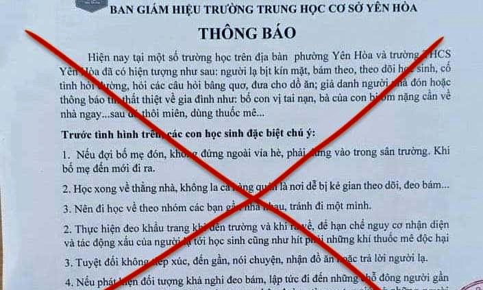 Hình ảnh xuất hiện thông báo của nhà trường về vụ việc em học sinh bị người lạ bịt mặt, đánh thuốc mê 