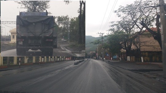 Cung đường phủ bùn đen do xe chở than gây ra