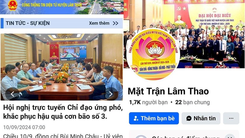 Hình ảnh giao diện Cổng Thông tin điện tử huyện Lâm Thao và Fanpage chính thống của Mặt trận Lâm Thao.