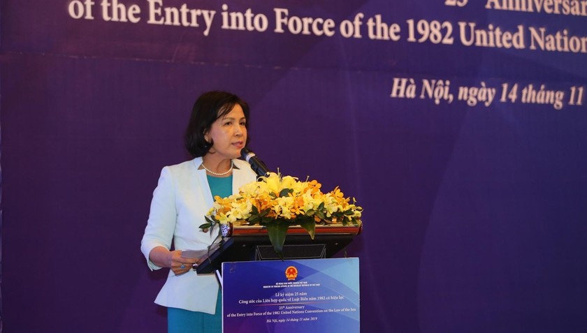 TS. Lê Thị Tuyết Mai - Vụ trưởng Vụ Luật pháp và Điều ước quốc tế, Bộ Ngoại giao - phát biểu tại lễ kỷ niệm.