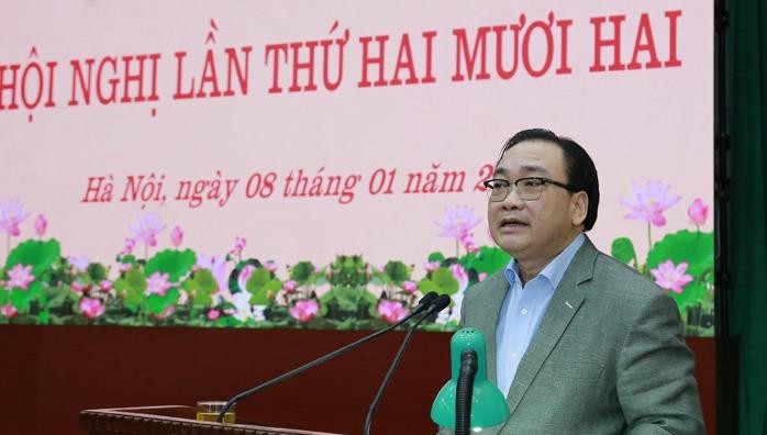 Bí thư Hà Nội Hoàng Trung Hải phát biểu tại hội nghị.