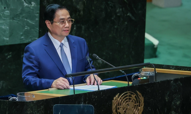 Thủ tướng Chính phủ Phạm Minh Chính phát biểu tại Phiên thảo luận chung Cấp cao Đại hội đồng Liên hợp quốc khóa 78. Ảnh: VGP