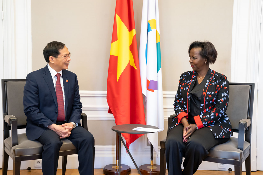 Bộ trưởng Bùi Thanh Sơn gặp Tổng Thư ký Louise Mushikiwabo. Ảnh: Báo Thế giới và Việt Nam