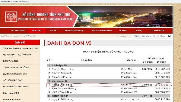 Ảnh chụp màn hình danh bạ Sở Công thương tỉnh Phú Thọ sáng 24/03 vẫn ghi số điện thoại của ông Ngọc là số trong đơn tố cáo.