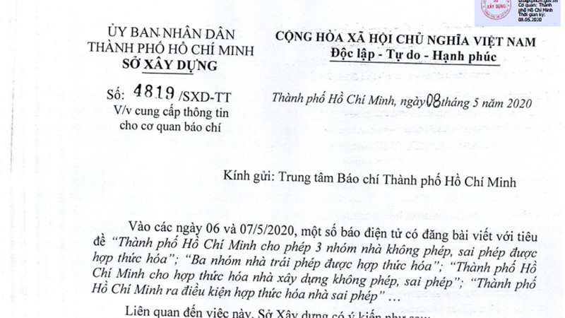 Văn bản Sở Xây dựng gửi Trung Tâm Báo chí TP HCM. 