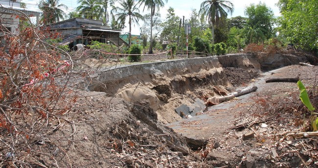Các tuyến kênh trong vùng ngọt hóa tỉnh Cà Mau đều khô cạn dẫn đến tình trạng sụt lún, sạt lở đất gây thiệt hại lớn.