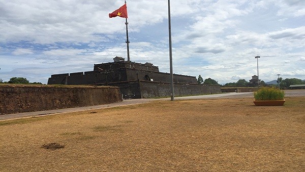 Nắng nóng, những bãi cỏ xanh quanh Quảng trường Ngọ Môn đổi màu vàng cháy.