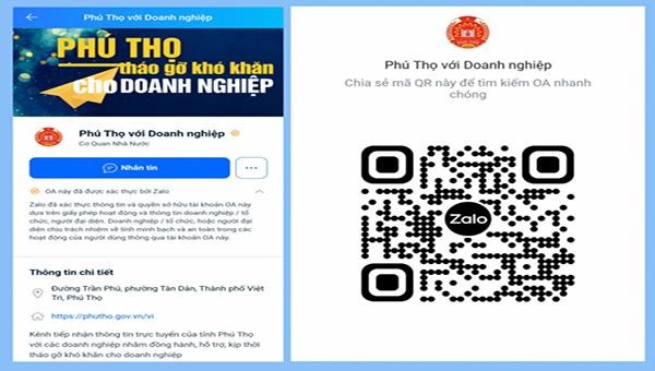 Trang thông tin “Phú Thọ với Doanh nghiệp”, doanh nghiệp có thể quét mã QR trên ứng dụng Zalo để tìm kiếm trang