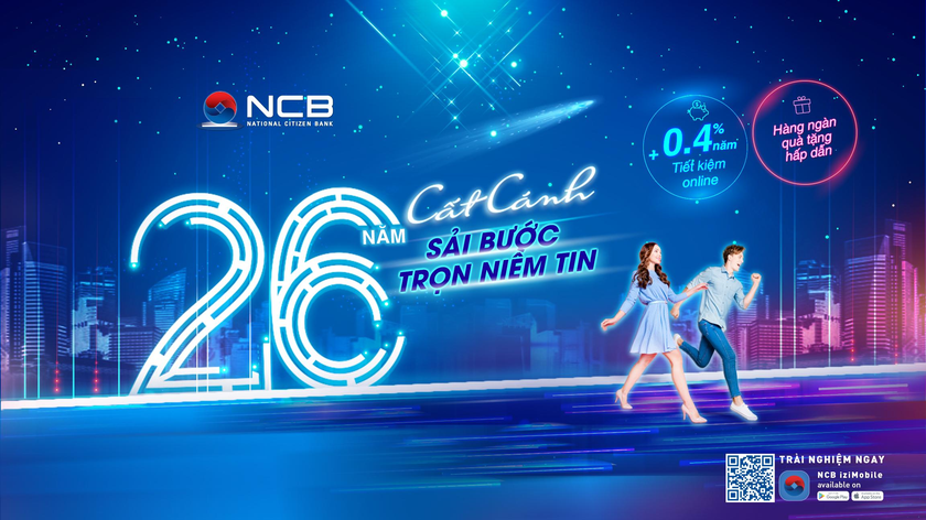 Từ ngày 18/9 đến ngày 8/10/2021, Ngân hàng Thương mại Cổ phần Quốc Dân (NCB) triển khai chương trình khuyến mãi “26 năm cất cánh - Sải bước trọn niềm tin” dành cho khách hàng sử dụng dịch vụ gửi tiết kiệm online.