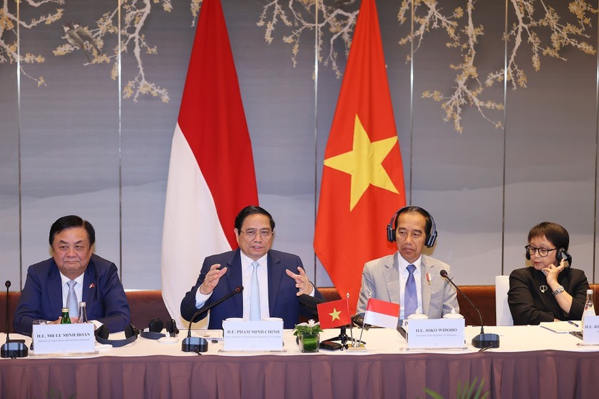 Thủ tướng Phạm Minh Chính và Tổng thống Joko Widodo đồng chủ trì Đối thoại doanh nghiệp Việt Nam - Indonesia. (Ảnh: Dương Giang/TTXVN)