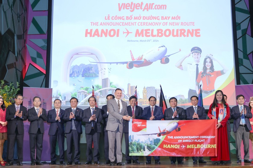 Vietjet công bố đường bay kết nối Hà Nội - Melbourne trước sự chứng kiến của Thủ tướng Chính phủ Phạm Minh Chính.