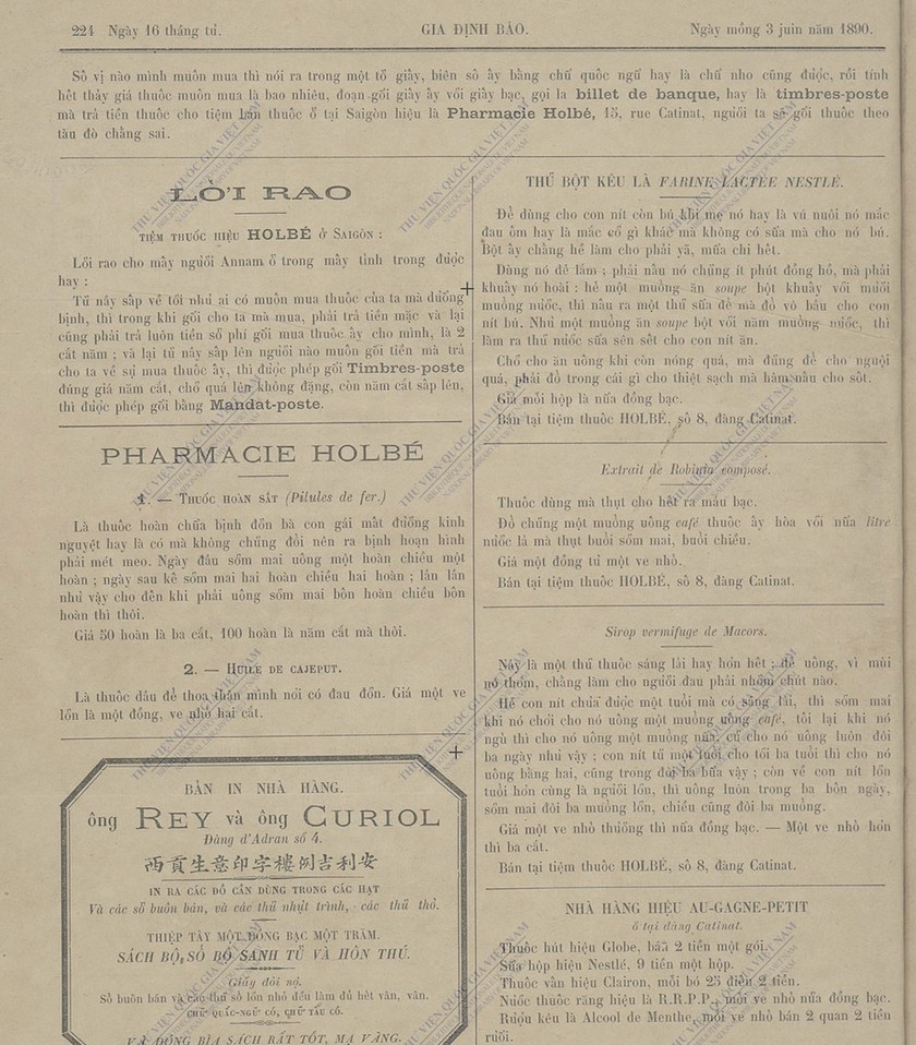 Quảng cáo trên tờ Gia định báo. (Nguồn ảnh: Trung tâm Lưu trữ quốc gia).