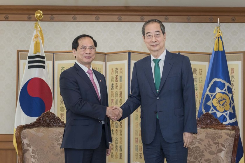 Bộ trưởng Bùi Thanh Sơn chúc mừng những thành tựu mà Hàn Quốc đã đạt được. (Ảnh: TTXVN)