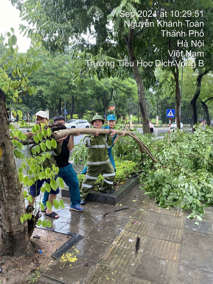 CBCS Công an phường Dịch Vọng - CAQ Cầu Giấy phối hợp các lực lượng chức năng xử lý cây đổ trên tuyến đường Nguyễn Khánh Toàn và trường Tiểu học Dịch Vọng B.