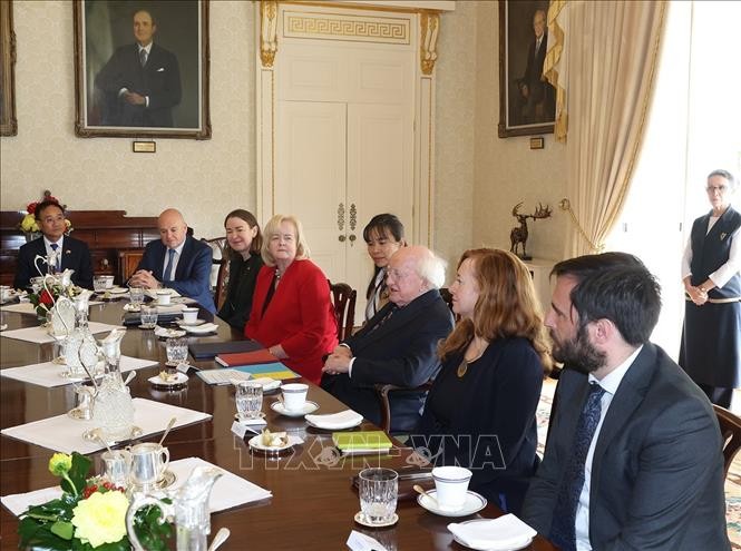 Tổng thống Ireland Michael D. Higgins và thành viên đoàn Ireland tại cuộc hội đàm với Tổng Bí thư, Chủ tịch nước Tô Lâm. Ảnh: Trí Dũng/TTXVN