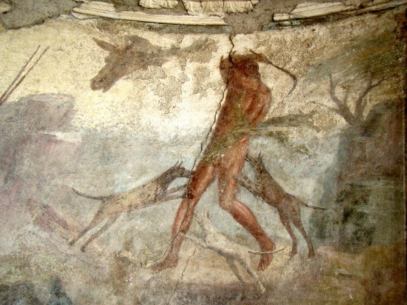 Ancient painting depicting slaves being taken to the arena with wild, ferocious animals found in the ashes of Pompeii.