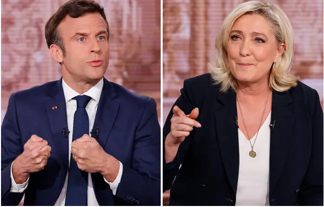 Hai ứng cử viên Tổng thống Emmanuel Macron (bên trái) và Marine Le Pen tham gia Chương trình “Mười phút để thuyết phục”. Ảnh: AFP 