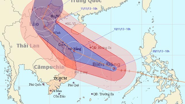 Vị trí và đường đi của bão số 14 trưa 9/11.
