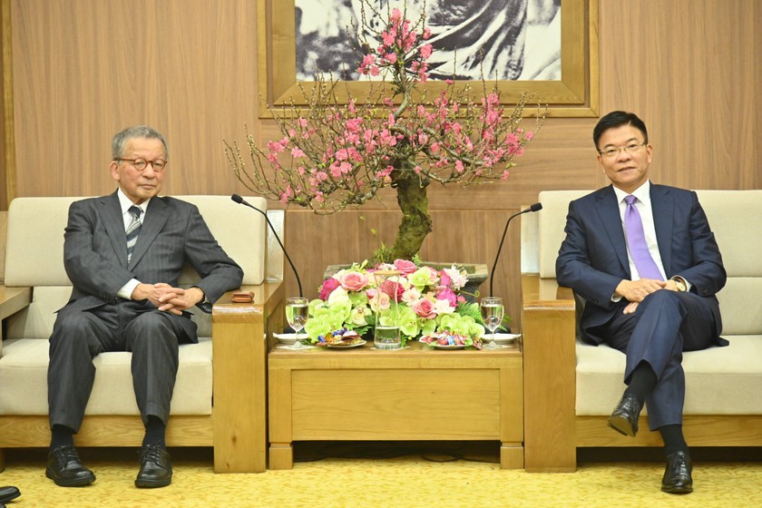Bộ trưởng Bộ Tư pháp Lê Thành Long tiếp xã giao Giáo sư Aikyo Masanori.