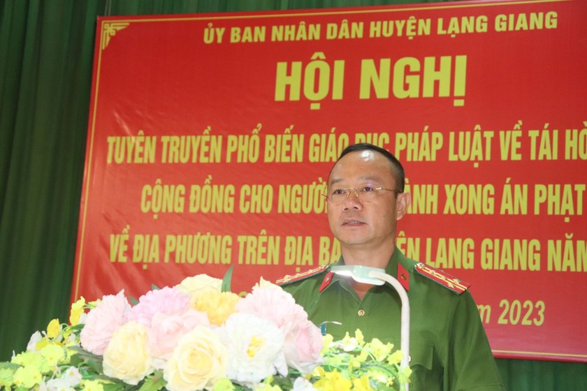 Đ/c Đại tá Thân Văn Duy - Phó Giám đốc Công an tỉnh Bắc Giang phát biểu chỉ đạo tại Hội nghị.