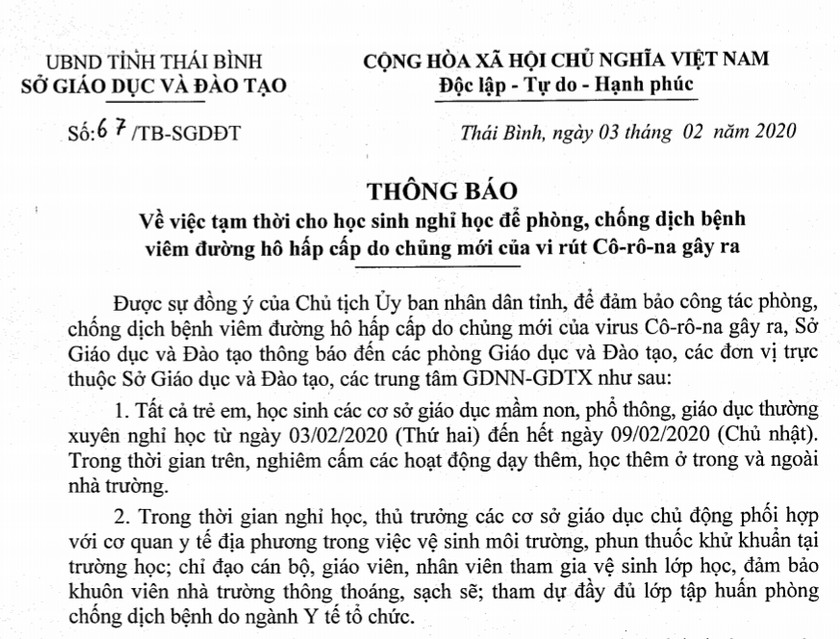 Thông báo số 67/TB-SGDDT của Sở GD&DT Thái Bình.