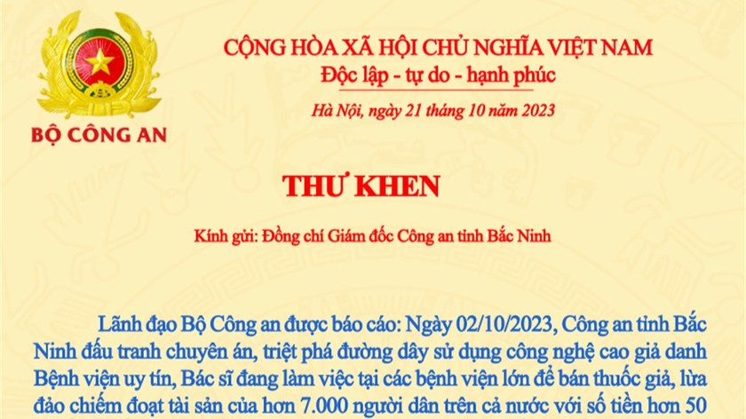 Lập chiến công xuất sắc, Công an tỉnh Bắc Ninh nhận Thư khen Thứ trưởng Bộ Công an 