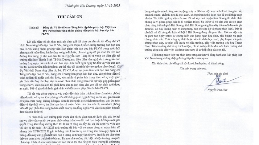 Bức thư của gia đình nạn nhân gửi Báo Pháp luật Việt Nam.