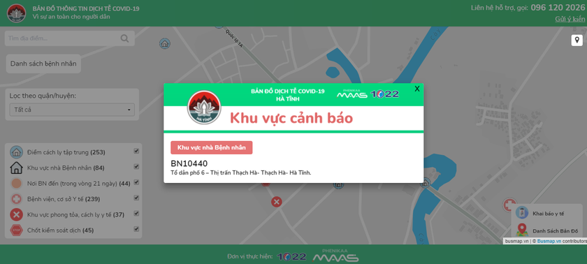 Hà Tĩnh ứng dụng Bản đồ thông tin dịch tễ COVID-19