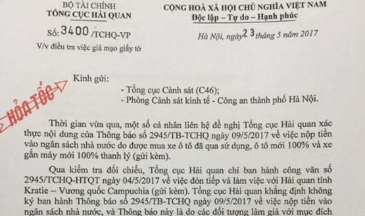 Tổng cục Hải quan cảnh báo hành vi giả mạo công văn của Hải quan để lừa đảo