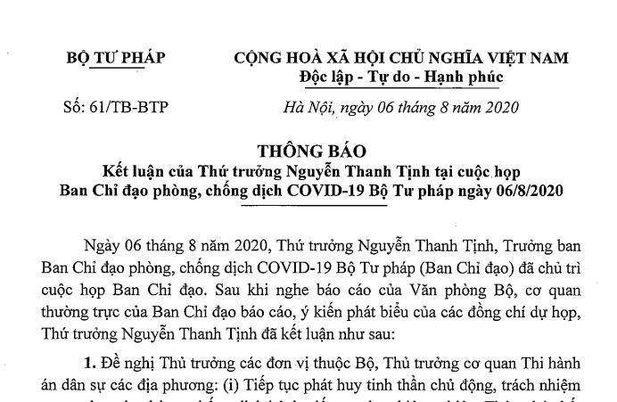 Các cơ sở đào tạo thuộc Bộ Tư pháp phải thực hiện nghiêm phòng chống dịch bệnh Covid-19