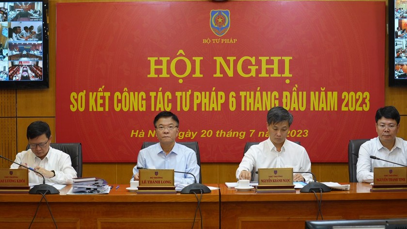 Bộ trưởng Lê Thành Long, các Thứ trưởng Nguyễn Khánh Ngọc, Nguyễn Thanh Tịnh, Mai Lương Khôi điều hành Hội nghị. Ảnh P.Mai