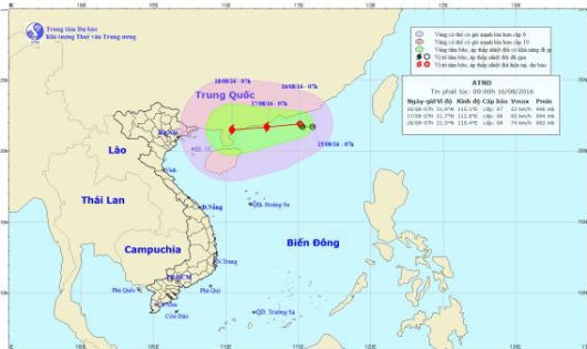 Vị trí và dự báo đường đi của áp thấp nhiệt đới sáng 16/8 - Ảnh: Trung tâm Dự báo khí tượng thủy văn Trung ương