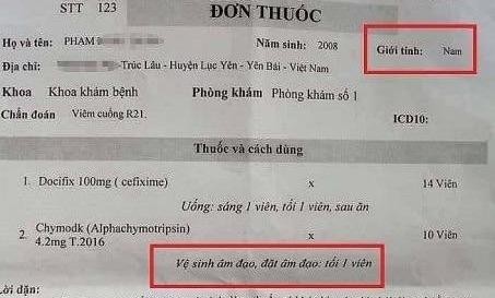 Đơn thuốc của bác sĩ kê cho bé trai 9 tuổi đi khám răng lại được kê thuốc đặt âm đạo.