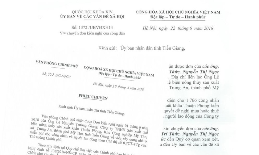 Các văn bản của Văn phòng Chính phủ, Ủy ban các vấn đề xã hội của Quốc Hội chuyển đơn đến UBND tỉnh Tiền Giang để giải quyết.