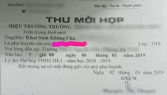 Giấy mời 'Ông/bà: Khai sinh không cha…' đến họp phụ huynh, gây bức xúc dư luận