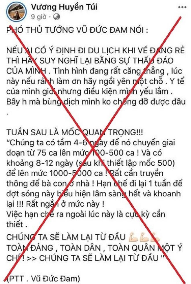 Nội dung tài khoản facebook Vương Huyền Túi đăng tải vào ngày 27/7. Đăng bịa đặt phát ngôn của PTT Vũ Đức Đam, facebooker bị phạt 7,5 triệu đồng - 1