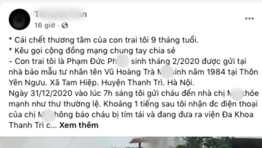 Bé trai 9 tháng tuổi tử vong sau khi đến nhà bảo mẫu