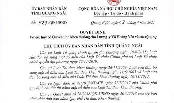 Quảng Ngãi rút lại quyết định khen thưởng 'thần y' Võ Hoàng Yên