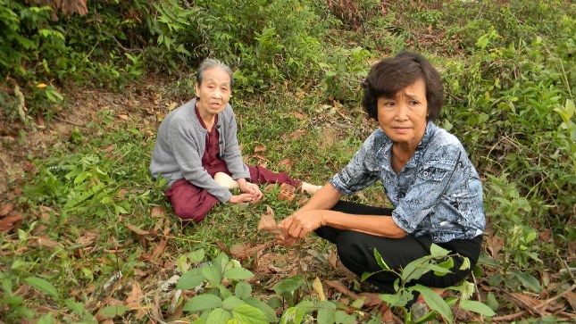 Cụ Xuân (phía sau) bảo vệ không cho bà Vân bốc 9 ngôi mộ của chị em bà