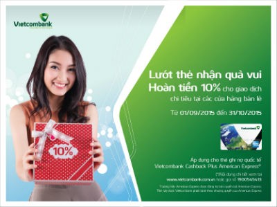 Hoàn tiền 10% cho giao dịch chi tiêu thẻ ghi nợ Vietcombank Cashback Plus American Express